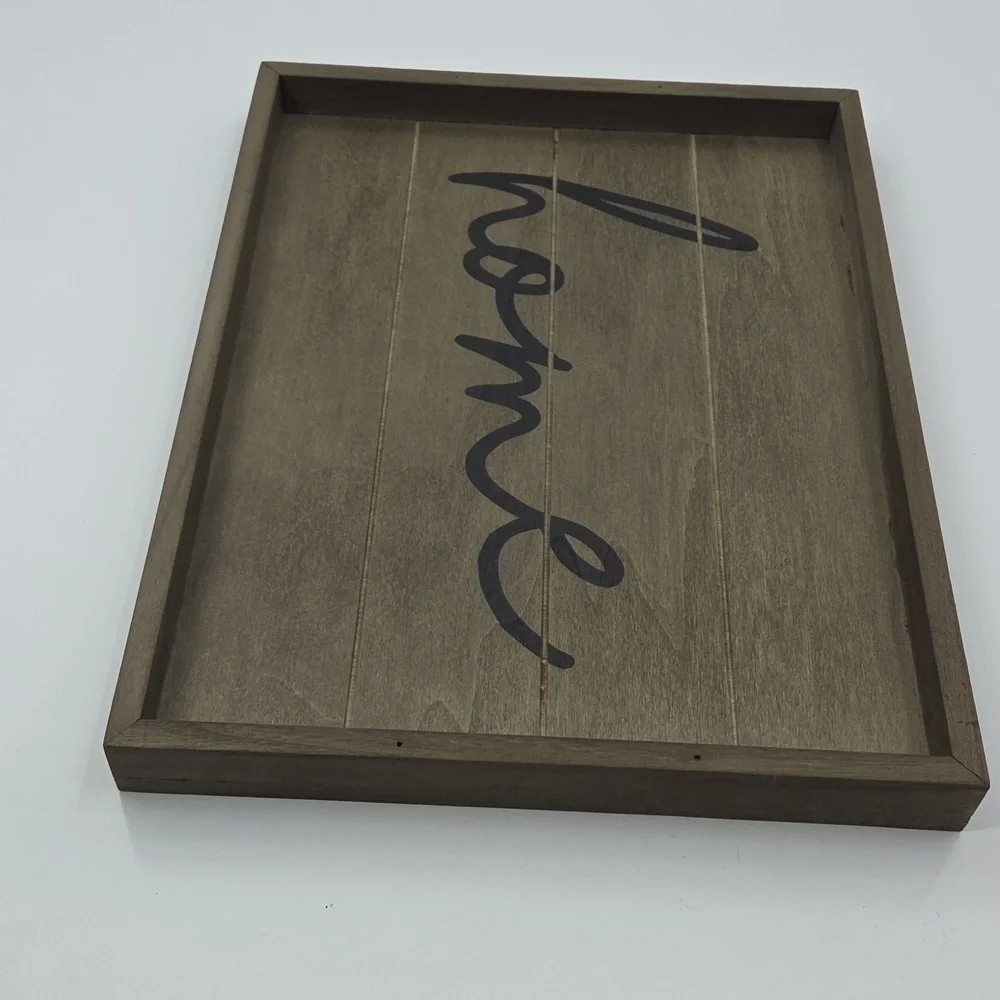 Rustic Gray Wooden Tray with 'Home' Script